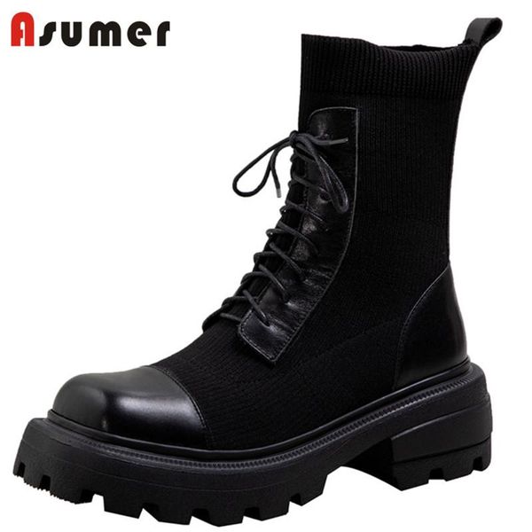 boots asumer 2022 arrive genuine leather shoes women stretch sock lace up square heel platform ankle, Black
boots asumer 2022 arrive genuine leather shoes women stretch sock lace up square heel platform ankle, Black