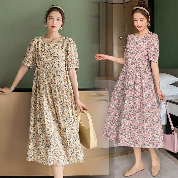 maternity dresses spring and summer dress puff sleeve lace up floral chiffon mid-length, White 
maternity dresses spring and summer dress puff sleeve lace up floral chiffon mid-length, White