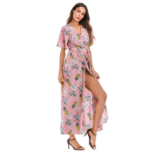 print summer women 2020 casual v neck split belt fashion long female elegant vintage boho beach party sun 18ue, Black
print summer women 2020 casual v neck split belt fashion long female elegant vintage boho beach party sun 18ue, Black