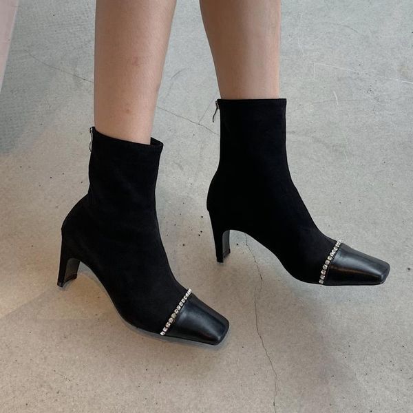 boots autumn winter women's square head high thick heel short booties lady's temperament faux suede rhinestone back zipper ankle, Black
boots autumn winter women's square head high thick heel short booties lady's temperament faux suede rhinestone back zipper ankle, Black