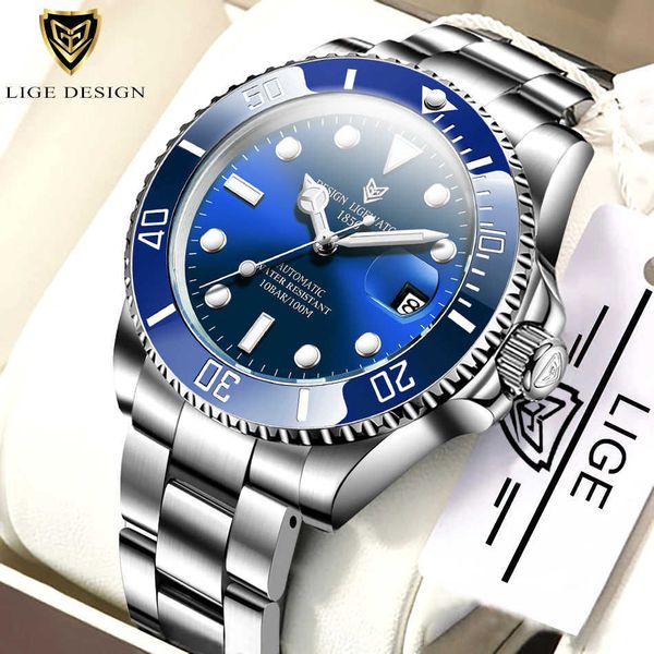 

lige men mechanical watches brand luxury waterproof watch men fashion 316l steel automatic watch relogio masculino 210527, Slivery;brown