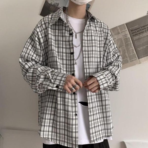 men's casual shirts retro black and white oversized shirt plaid men high street wild loose long sleeve harajuku hip hop korean clothes, White;black
men's casual shirts retro black and white oversized shirt plaid men high street wild loose long sleeve harajuku hip hop korean clothes, White;black