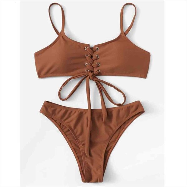two pieces bikini set womens swimwear women lace up high leg brown bathing swimming suit for biquini feminino, White;black
two pieces bikini set womens swimwear women lace up high leg brown bathing swimming suit for biquini feminino, White;black
