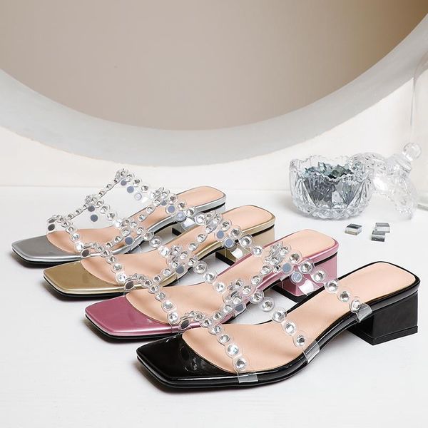 slippers thick heel sandals female summer leisure and comfortable all-match mid-heel rhinestone open toe square non-slip shoes 4cm, Black
slippers thick heel sandals female summer leisure and comfortable all-match mid-heel rhinestone open toe square non-slip shoes 4cm, Black