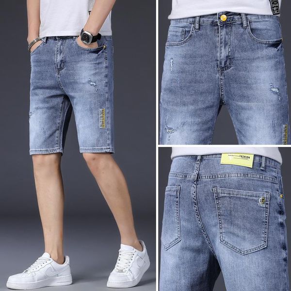 men's jeans 2021 summer thin perforated denim shorts fashion brand capris stretch slim straight pants korean trend, Blue
men's jeans 2021 summer thin perforated denim shorts fashion brand capris stretch slim straight pants korean trend, Blue