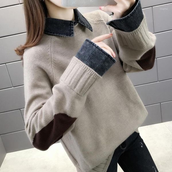 vintage woman clothes fall winter denim patchwork sweater female loose pullover bottoming women's sweaters, White;black
vintage woman clothes fall winter denim patchwork sweater female loose pullover bottoming women's sweaters, White;black