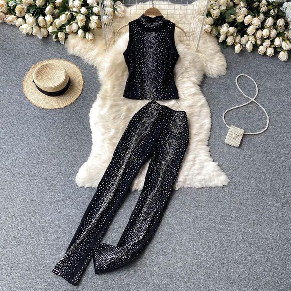 women's two piece pants black set women elegant stand collar sleeveless + high waist pencil diamonds party suits vintage 2021, White
women's two piece pants black set women elegant stand collar sleeveless + high waist pencil diamonds party suits vintage 2021, White