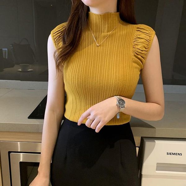 women's t shirt fashion slim solid bottoming casual half turtleneck knitted sleeveless t-shirt drop shipping, White
women's t shirt fashion slim solid bottoming casual half turtleneck knitted sleeveless t-shirt drop shipping, White