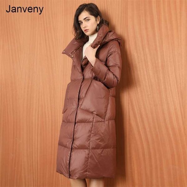 

janveny women loose long down coat 90% white duck down jacket hooded winter plus size overcoat female thick warm feather parkas 211007, Black