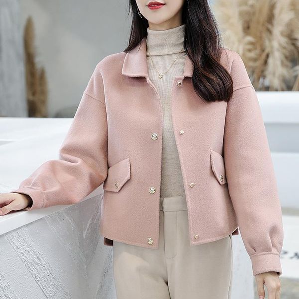 women's wool & blends 2021 lady fashion jackets autumn winter fur coats for women overcoats cashmere short qn3686, Black