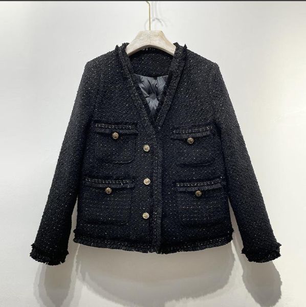 1202 2022 spring brand same style v neck long sleeve button women's jackets coat tweed black white womens clothes huilin, Black;brown
