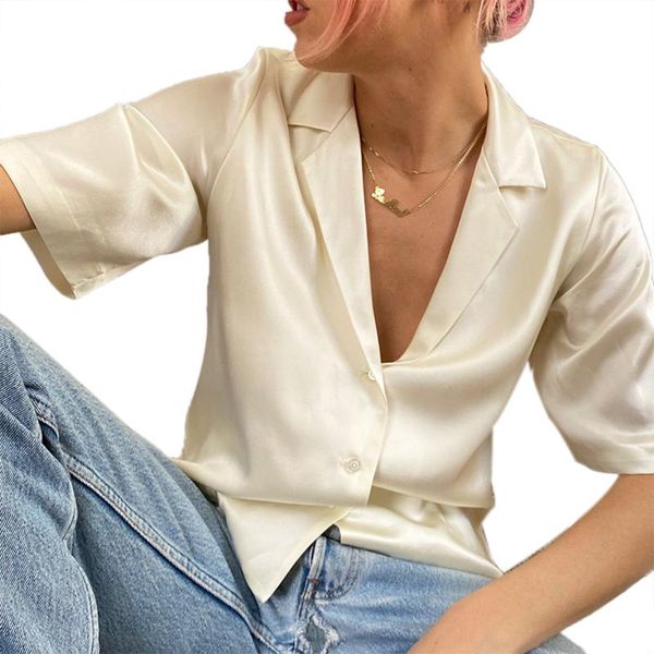women's blouses & shirts summer women fashion short sleeve satin solid color suit shirt, collar neck street daily wear elegant silk blo, White
women's blouses & shirts summer women fashion short sleeve satin solid color suit shirt, collar neck street daily wear elegant silk blo, White