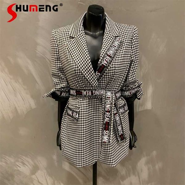 autumn and winter lace-up houndstooth woolen blazer women's loose grid retro small suit wool coat ladies 211019, White;black
autumn and winter lace-up houndstooth woolen blazer women's loose grid retro small suit wool coat ladies 211019, White;black