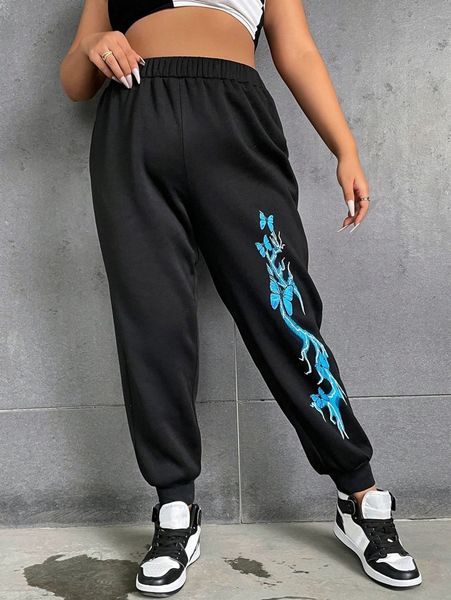plus lightning & butterfly print sweatpants t7n3#, Black 
plus lightning & butterfly print sweatpants t7n3#, Black