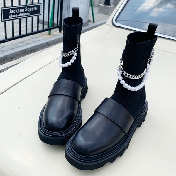 winter popular fashion genuine leather short boots woman flat pearl chain beading elastic sock shoes size 35-40, Black
winter popular fashion genuine leather short boots woman flat pearl chain beading elastic sock shoes size 35-40, Black
