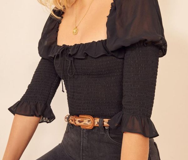 vintage france black crop shirt women wood ears square neck elastic ruched body slim fit blouse half flare half flare, White
vintage france black crop shirt women wood ears square neck elastic ruched body slim fit blouse half flare half flare, White