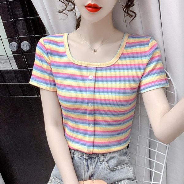 women's t-shirt easycore rainbow stripe cotton girl front button summer clothes, White
women's t-shirt easycore rainbow stripe cotton girl front button summer clothes, White