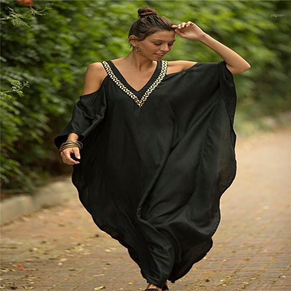 summer women's swimwear 2021 v-neck gold edge off shoulder beach skirt loose large holiday long bikini smock, White;black 
summer women's swimwear 2021 v-neck gold edge off shoulder beach skirt loose large holiday long bikini smock, White;black