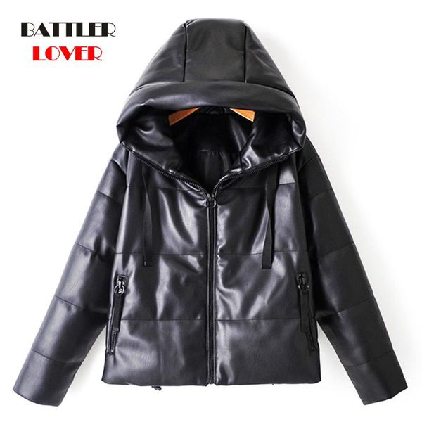women's leather & faux luxury design zipper short parkas women fashion pockets pu coats for female elegant winter hooded cotton punk ja, Black
women's leather & faux luxury design zipper short parkas women fashion pockets pu coats for female elegant winter hooded cotton punk ja, Black