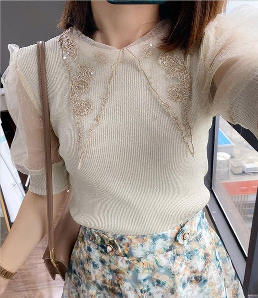 women's sweaters 2021 summer t shirt women elegant knitted sequined lace mesh patchwork short puff sleeve slim thin kintwear jc394, White;black
women's sweaters 2021 summer t shirt women elegant knitted sequined lace mesh patchwork short puff sleeve slim thin kintwear jc394, White;black