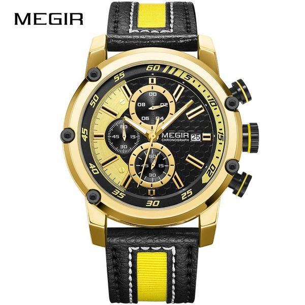 

wristwatches megir luxury gold watch chronograph sports watches men creative quartz army military hour clock relogio masculino, Slivery;brown