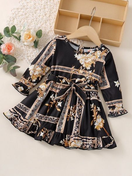 baby floral scarf print flounce sleeve ruffle hem belted dress she, Red;yellow 
baby floral scarf print flounce sleeve ruffle hem belted dress she, Red;yellow