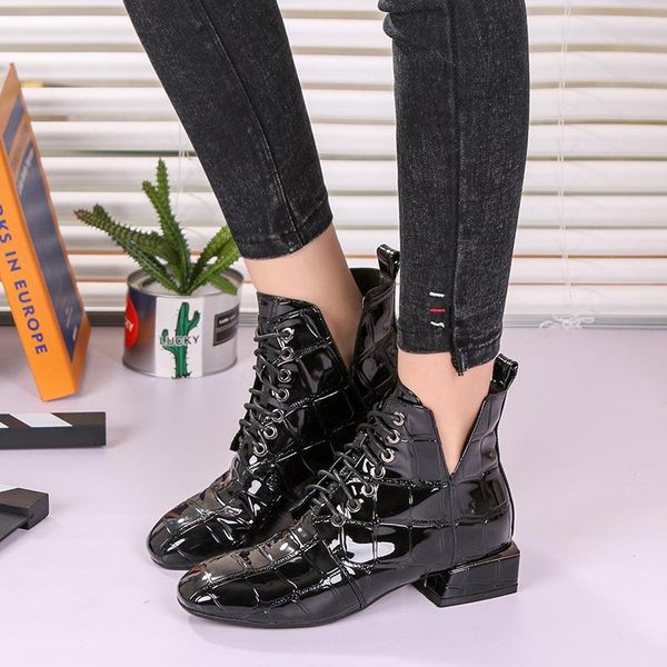 boots large size women's high single shoes patent leather square root pattern lace up fashion, Black
boots large size women's high single shoes patent leather square root pattern lace up fashion, Black
