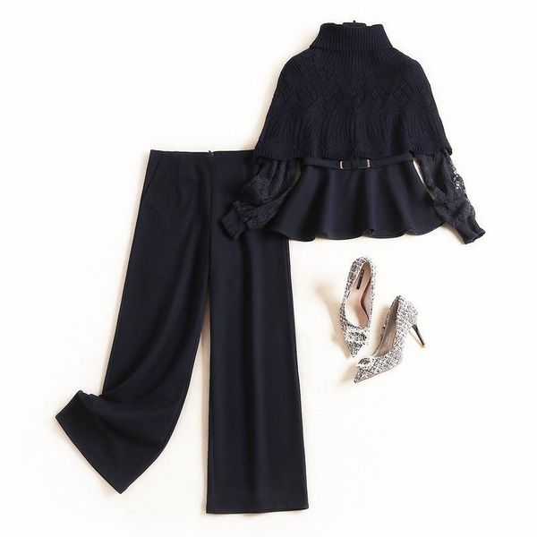 women's two piece pants european fashion suit autumn stitching lace base shirt cape wide leg three-piece women outfits set, White
women's two piece pants european fashion suit autumn stitching lace base shirt cape wide leg three-piece women outfits set, White