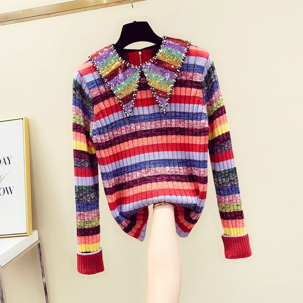 stripy sweater for the women 2021 spring new sequins curly tights long sleeves doll striped rainbow collar sweaters pull 1e8a, White;black
stripy sweater for the women 2021 spring new sequins curly tights long sleeves doll striped rainbow collar sweaters pull 1e8a, White;black