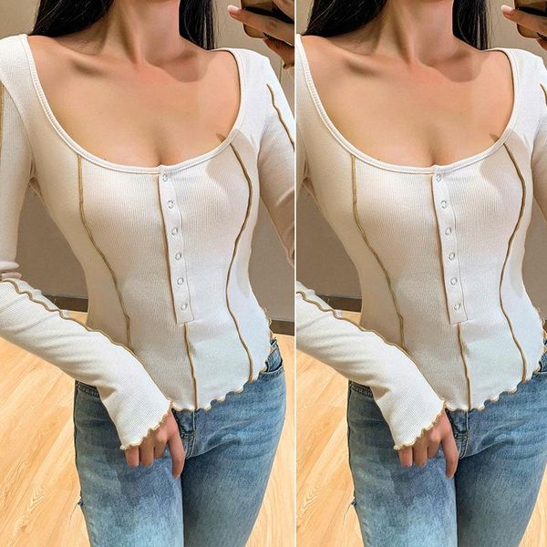 women's t-shirt slim long sleeve temperament visual lines wide collar short all-match solid color apricot, White
women's t-shirt slim long sleeve temperament visual lines wide collar short all-match solid color apricot, White