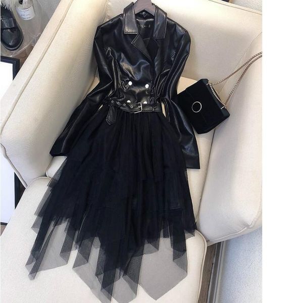 women's leather & faux high waist irregular fake two pcs patchwork mesh dress slim belt solid vestido autumn spring ropa, Black
women's leather & faux high waist irregular fake two pcs patchwork mesh dress slim belt solid vestido autumn spring ropa, Black
