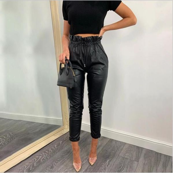 women's pants & capris autumn winter paper-bag high waist pu leather black pencil streetwear women casual harem trousers pantalon draws, Black;white
women's pants & capris autumn winter paper-bag high waist pu leather black pencil streetwear women casual harem trousers pantalon draws, Black;white