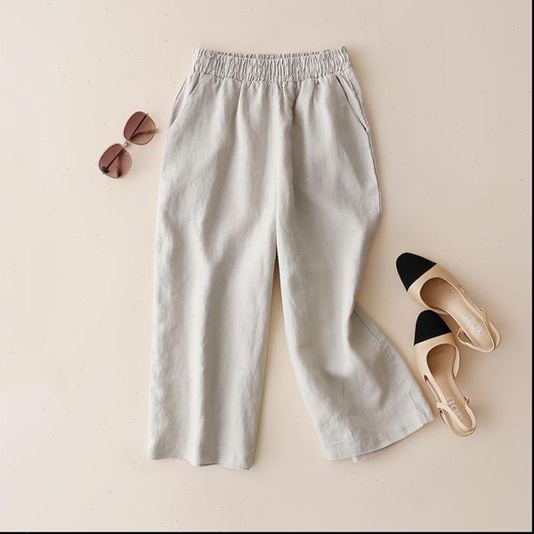 women spring summer new cotton linen elastic waist solid color cropped trousers simple oversized female casual calf length pants, Black;white
women spring summer new cotton linen elastic waist solid color cropped trousers simple oversized female casual calf length pants, Black;white