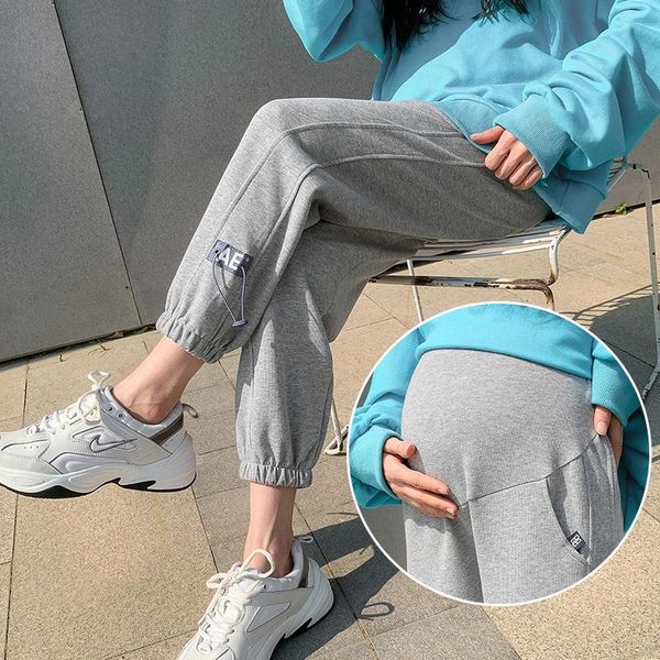2021 spring new cotton maternity pants elastic waist belly sweatpants clothes for pregnant women sports casual pregnancy, White