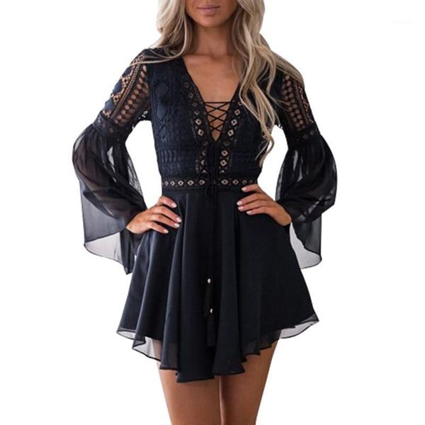 casual dresses women hollow out flare sleeve lace summer fashion all-match solid color deep v-collar chiffon dress, Black;gray
casual dresses women hollow out flare sleeve lace summer fashion all-match solid color deep v-collar chiffon dress, Black;gray