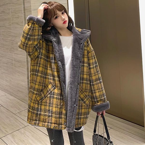 women's wool & blends winter thicker loose coat women woolen jacket plaid cotton female, Black
women's wool & blends winter thicker loose coat women woolen jacket plaid cotton female, Black