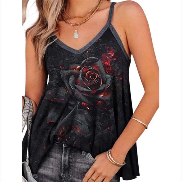 rose printed sleeveless shirt womens tanks summer casual v neck sling fashion vest t plus size party halter, White 
rose printed sleeveless shirt womens tanks summer casual v neck sling fashion vest t plus size party halter, White