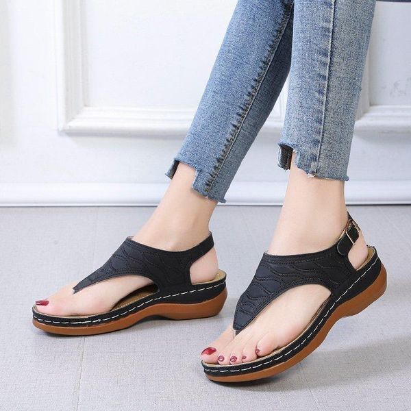 sandals summer women women's flats open toe solid casual shoes rome wedges thong ladies, Black