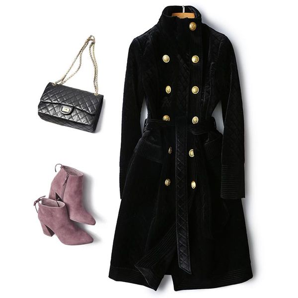 women's wool & blends winter double breasted stand colla gold velvet button long padded jacket corduroy outwear female ladies w, Black
women's wool & blends winter double breasted stand colla gold velvet button long padded jacket corduroy outwear female ladies w, Black