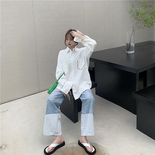 white shirts new design 2021 spring loose solid turn down collar cardigan womens e6xo, White;black
white shirts new design 2021 spring loose solid turn down collar cardigan womens e6xo, White;black
