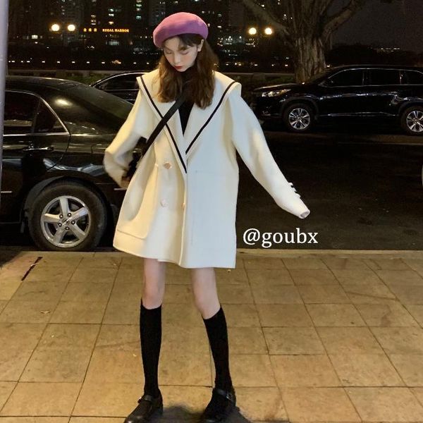 women's wool & blends spring and autumn mid-length loose double-breasted woolen coat all-match navy collar casual trendy girl, Black
women's wool & blends spring and autumn mid-length loose double-breasted woolen coat all-match navy collar casual trendy girl, Black