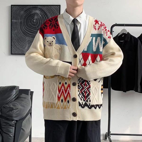 men's sweaters cardigan autumn and winter retro cartoon bear neutral couple sweater men loose christmas causal, White;black
men's sweaters cardigan autumn and winter retro cartoon bear neutral couple sweater men loose christmas causal, White;black