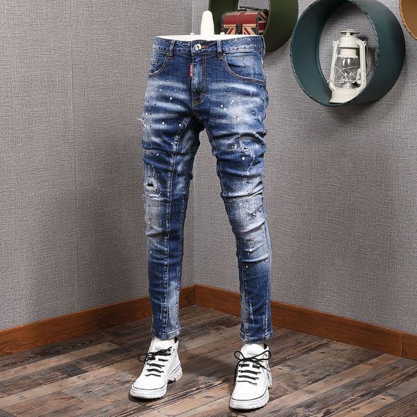2021 new italian style fashion men jeans elastic slim fit hip hop biker pants homme painted spliced designer ripped trousers ms, Blue
2021 new italian style fashion men jeans elastic slim fit hip hop biker pants homme painted spliced designer ripped trousers ms, Blue