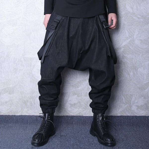 men's pants autumn and winter loose small harem tide male personality denim big pocket hip hop singer costumes, Black
men's pants autumn and winter loose small harem tide male personality denim big pocket hip hop singer costumes, Black