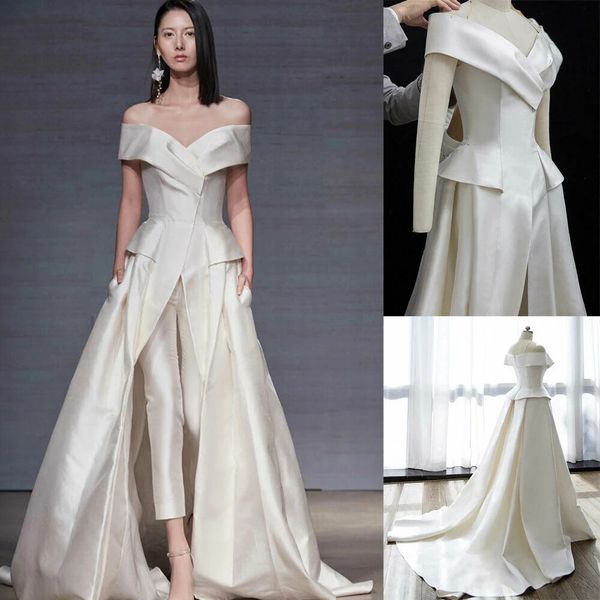 modern long satin jumpsuits wedding dress with train off shoulder outfit princess runway celebrity pant suit bridal gown, White
modern long satin jumpsuits wedding dress with train off shoulder outfit princess runway celebrity pant suit bridal gown, White
