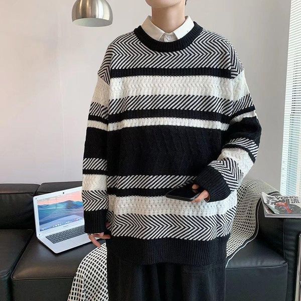 men's sweaters 2022 striped loose sweater teenagers autumn and winter round neck, White;black
men's sweaters 2022 striped loose sweater teenagers autumn and winter round neck, White;black