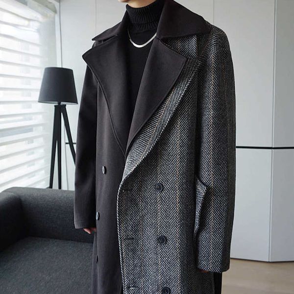 2021 autumn winter fashion color block patchwork medium long woolen coat men's loose trend bandge long coat with belt, Black
2021 autumn winter fashion color block patchwork medium long woolen coat men's loose trend bandge long coat with belt, Black