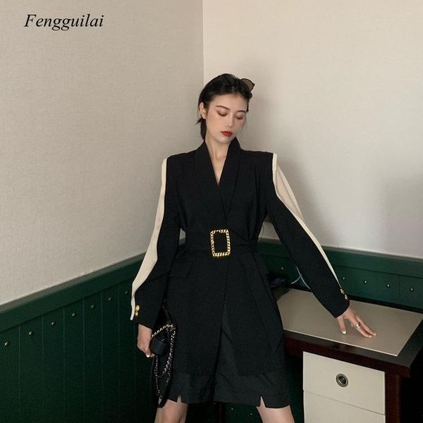 women's jackets loose fit black spliced hit color belt jacket lapel long sleeve women coat fashion tide spring autumn 2021, Black;brown
women's jackets loose fit black spliced hit color belt jacket lapel long sleeve women coat fashion tide spring autumn 2021, Black;brown