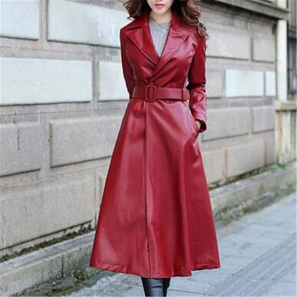 women's leather & faux women elegant pu single-button waistband long jacket fashion lady overcoat plus velvet female 1654, Black
women's leather & faux women elegant pu single-button waistband long jacket fashion lady overcoat plus velvet female 1654, Black
