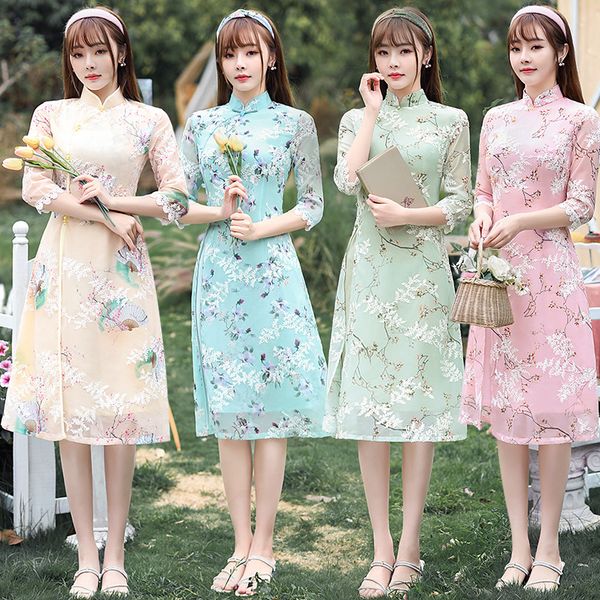 embroidery applique chiffon split knee-length qipao traditional chinese women half sleeve dress daily aodai cheongsam, Red
embroidery applique chiffon split knee-length qipao traditional chinese women half sleeve dress daily aodai cheongsam, Red